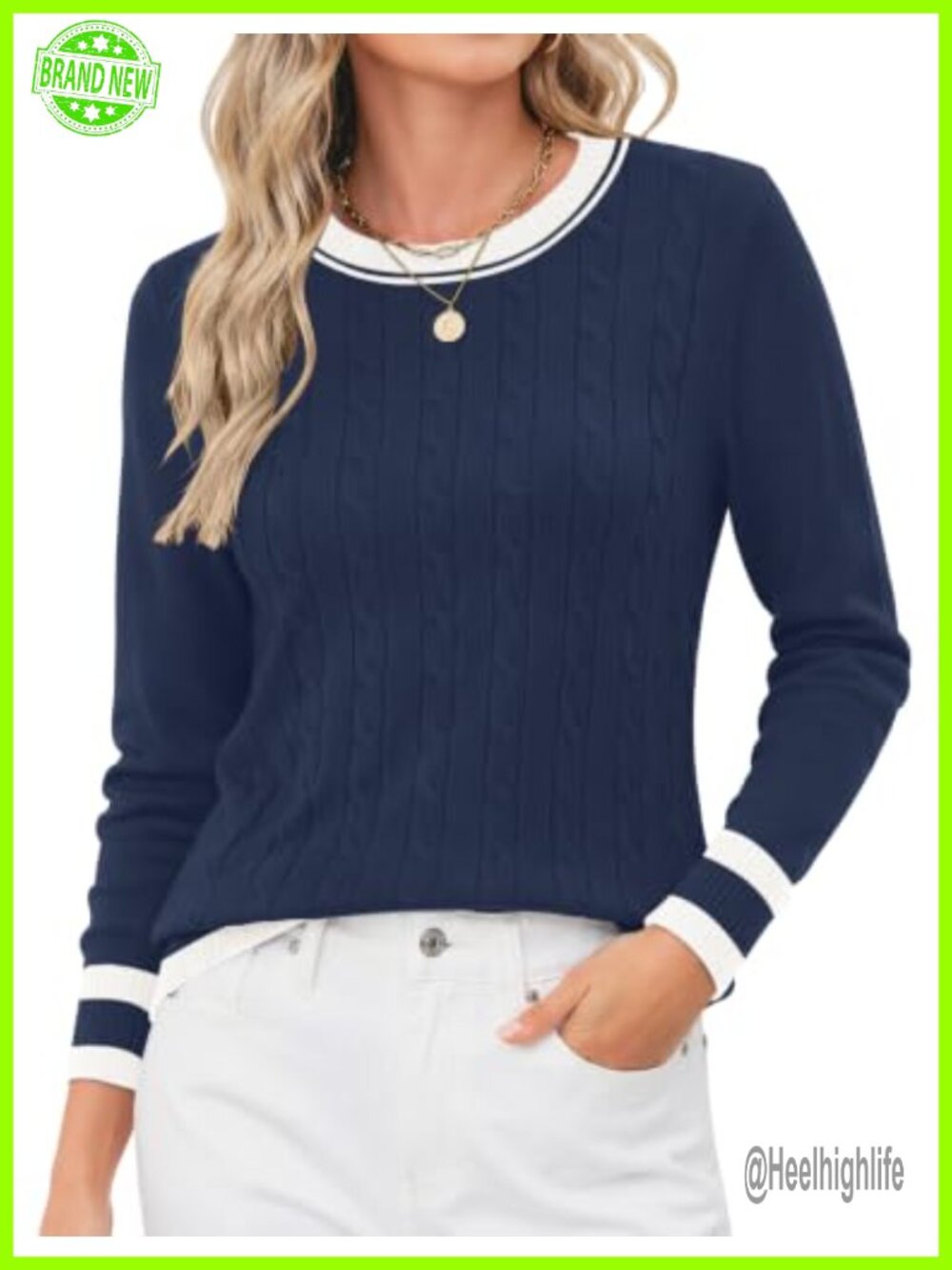 Womens Cable Knit Crew Neck Pullover Sweater Contrast Trim Long Sleeve